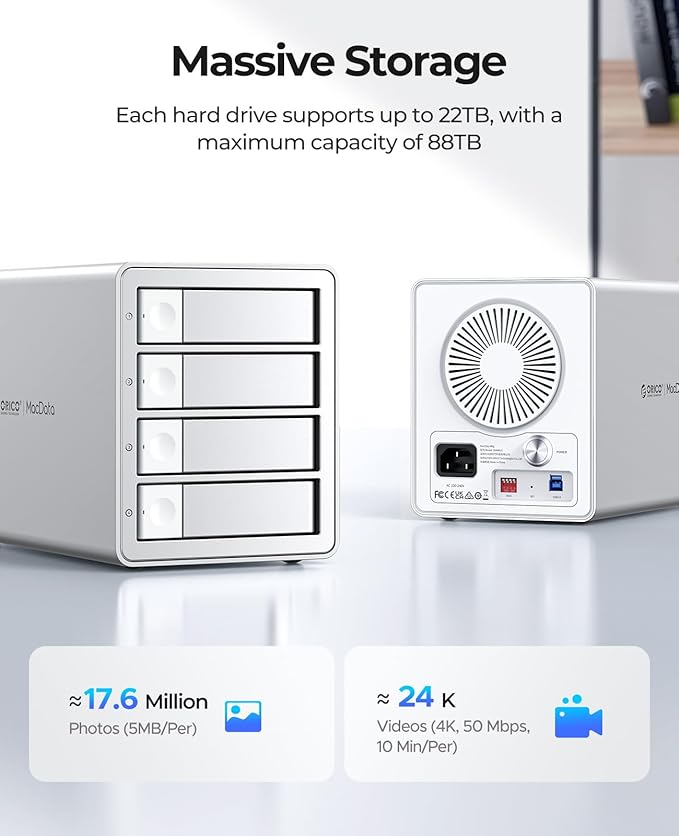 ORICO 4-Bay RAID External Hard Drive Enclosure USB 3.0 for 2.5/3.5 Inch SATA HDD/SSD, Supports Up to 22TB, RAID 0/1/3/5/10/JBOD, 5Gbps Transfer, Silent Cooling Fan