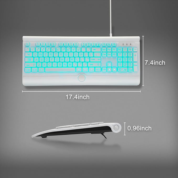 KOPJIPPOM USB Wired Keyboard with Large Print Backlit Keys, 7 Color LED Backlight, Ergonomic Wrist Rest, Spill-Resistant Design, Full-Size Computer Keyboard with Number Pad, for PC Desktop Laptop