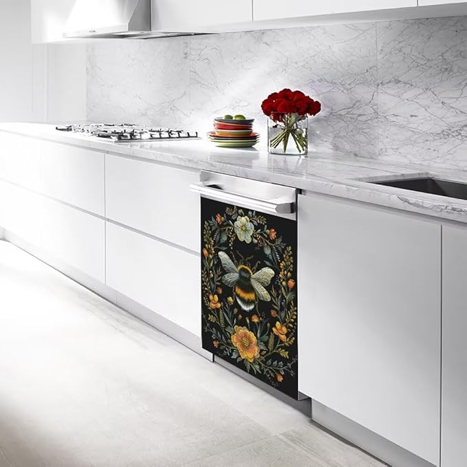 Flower and Bee Pattern Dishwasher Magnet Cover Sticekr - Kitchen Decorative Fridge Panel Decal - Kitchen Appliances Decorate Sticker - 23W x 17H inchs