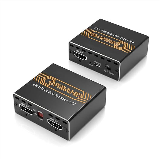CORSAHD 4K@60Hz HDMI Splitter 1x2 4:4:4,18 Gbps,Supports Soundbar,HDCP Bypass,EDID,Duplicate/Mirror/Copy,Downscale, HDR,Dolby Vision Atmos,4K HDMI Splitter 1 in 2 Out for Dual Monitors