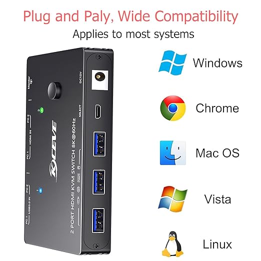 KCEVE HDMI2.1 KVM Switch 2 Computer 1 Monitor 8K@60Hz, KVM Switch HDMI 2 Port with 3 USB3.0, Wired Remote and Power Adapter (8K HDMI 2 in 1 Out KVM)