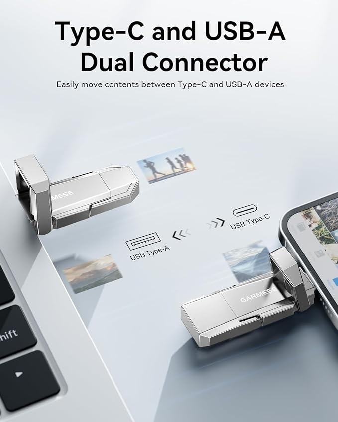 GARMESE USB C SSD Flash Drive 512GB Up to 450MB/s, External SSD Type C+ USB A USB 3.2 Dual Ports Portable Metal Thumb Drive Stick 2-in-1 External Drive for iPhone 17/16/15 Series/Mac/Android Phone