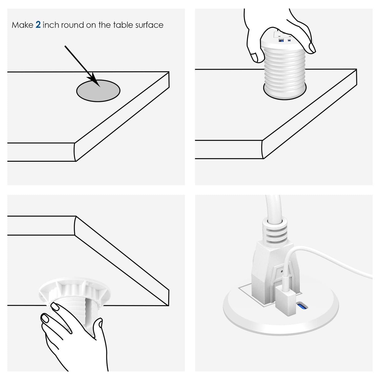 2 inch Desk Power Grommet with PD 20W USB C,Ultra-Flat Plug Power Strip,Recessed Outlet,Desktop Power Grommet for Office PC Desk Cable Cord Cover,Table Outlets for Home, Office,6 ft Cable(White)