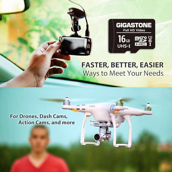 GIGASTONE 16GB Micro SD Card 5-Pack, FHD Video, Surveillance Security Cam Action Camera Drone, 85MB/s Micro SDHC UHS-I U1 Class 10, with Adapters