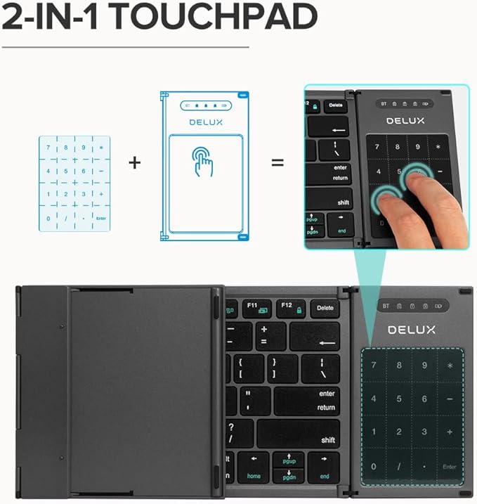 DELUX Full Size Folding Keyboard 78 Keys, Wireless Bluetooth Keyboard with 2-in-1 Touchpad, Portable Travel Multi-Device and Multi-System (KF17)