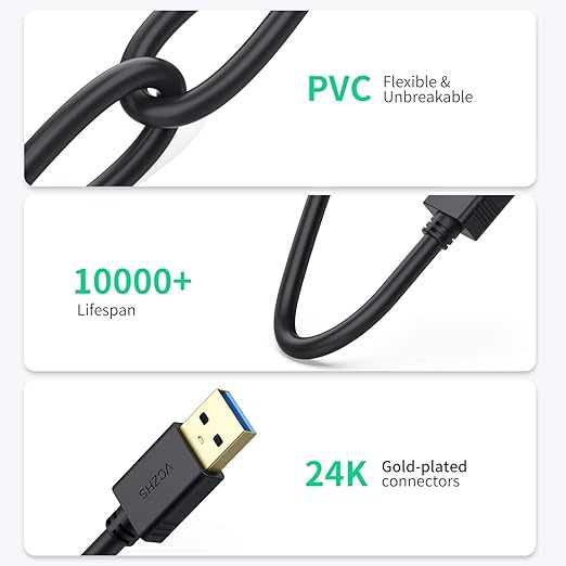 VCZHS Tech USB 3.0 Extension Cable 20 FT, Heavy-Duty 22AWG Power Wire, USB Extender Cord, High-Speed 5Gbps Type A Male to Female for Remote Printer, Webcam, and PC Peripherals