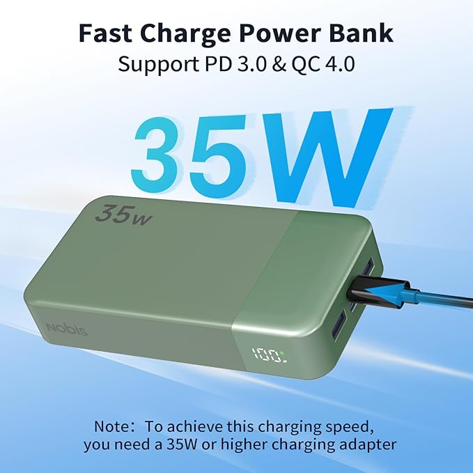 NOBIS Portable Charger, 20000mAh Power Bank, 35W Power Bank Fast Charging, Battery Pack with C to C Cable, Battery Bank with Digital Display for iPhone Android etc (Green)