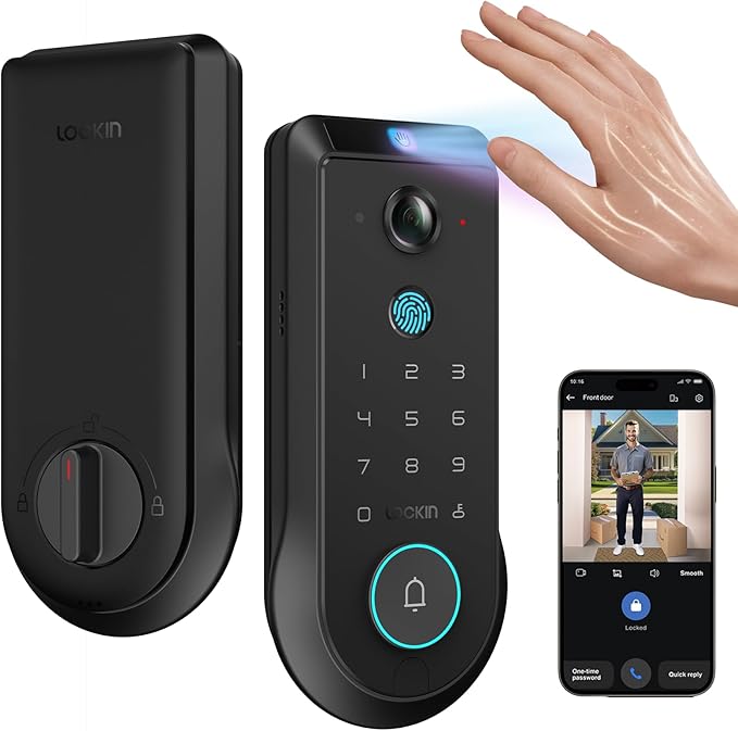 Lockin Venoris Pro - All-in-One Smart Lock for Front Door - Palm Vein & Fingerprint Keyless Entry - 2K 180° Video, WiFi, Motion Sensor, 32GB Storage - No Monthly Fee