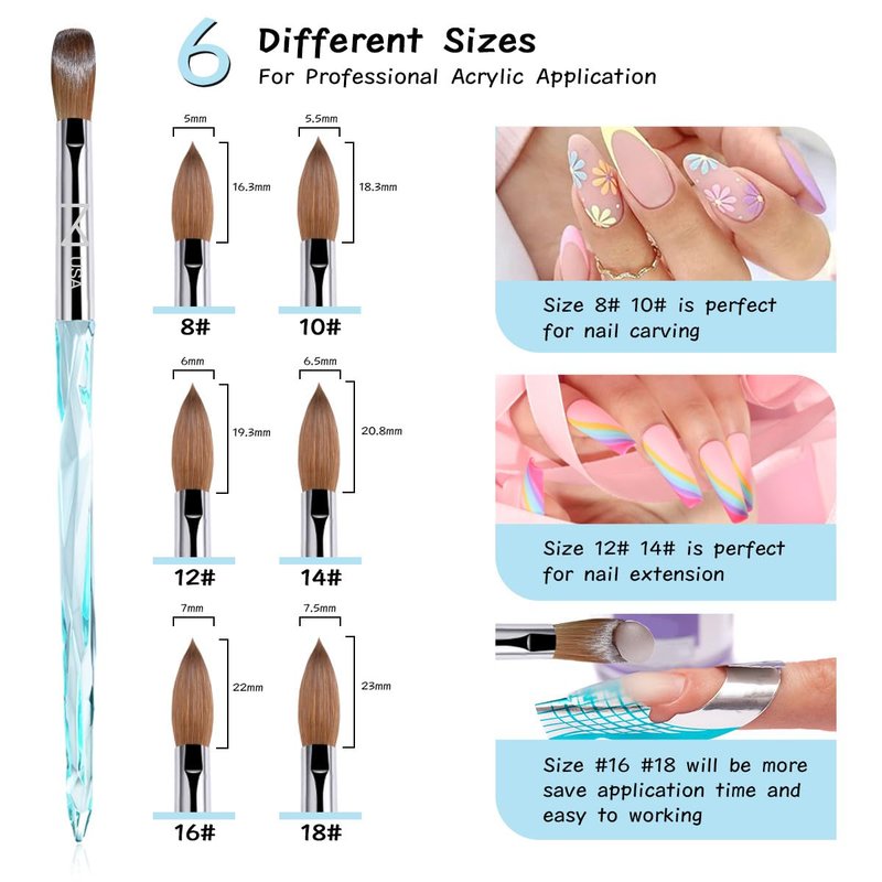 M ProK 100% Kolinsky Acrylic Nail Brush – Professional Nail Brush for Acrylic Application with Crystal Blue Handle – Handcrafted Salon Quality Tool (Size #16)