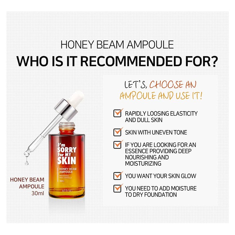 I'M SORRY FOR MY SKIN Facial Skin Ampoule, Korean Skin Care Serum for Face with Propolis, Adenosine and Niacinamide, Anti-Wrinkle & Nourishing Effect (Honey Beam Ampoule)