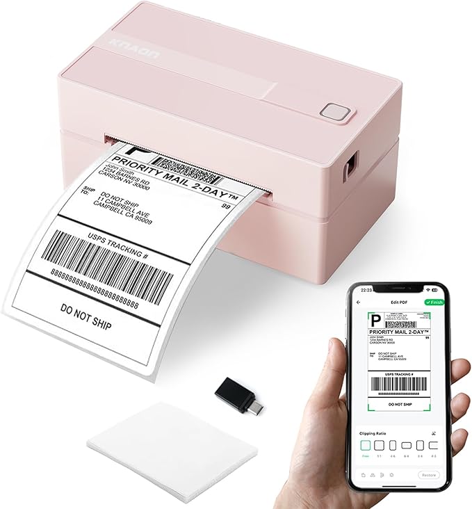 KNAON Bluetooth Thermal Shipping Label Printer, 4x6 Portable Thermal Address Label Printer for Small Business, Compatible with iPhone,Android,Windows,Mac,–Works with Etsy Shopify USPS&More, Pink