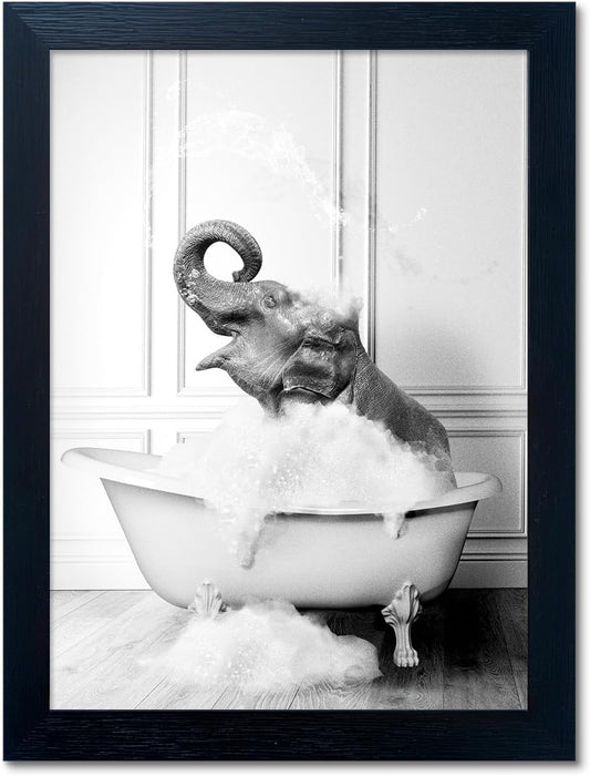 Regine Switzerland Framed Bathroom Decor - Funny Elephant in Bathtub Canvas Art | Black and White Print