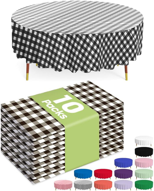 Pureegg Disposable Plastic Table Cloths - 84'' Round Gingham Design, Sturdy & Leakproof, 10 Pack, Black & White Checkered
