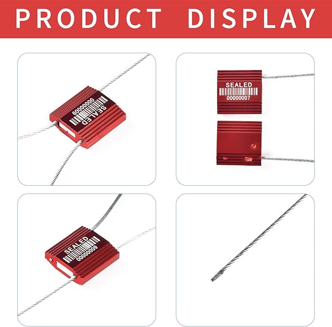 LeadSeals 50 Red High Security Cable Seals with Barcode, Pull Tight Numbered Steel Security Seals, Anti-Tamper Shipping Self-Locking Tags for Logistics, ISO 17712 Certified
