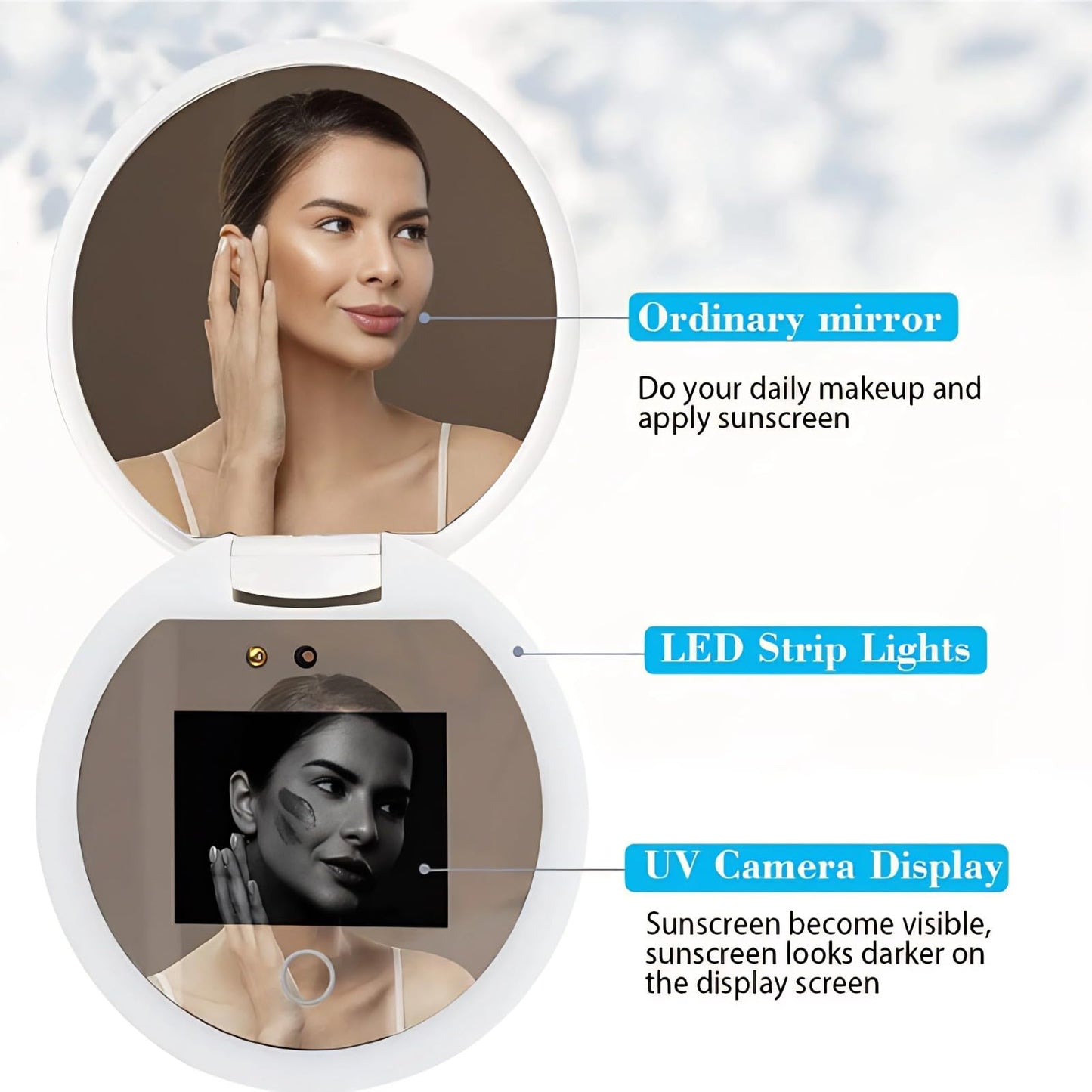 BONKZEBU Travel Mirror with Light Intelligent Touch Control Brightness Adjustment Camera Lens Testing Compact Makeup Mirror with Magnification Portable LED Vanity Mirror for Travel and Home Use