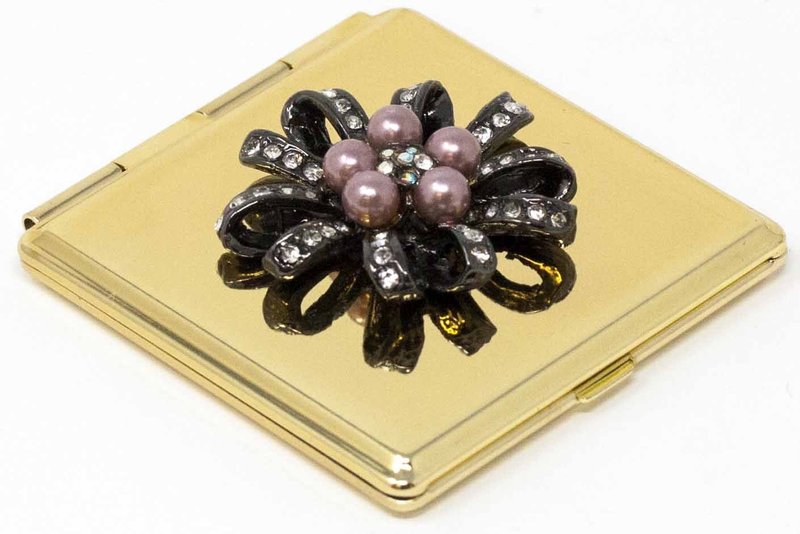 Folding Compact Pocket Makeup Mirror With Swarovski Rhinestone Crystals Double Sided (5x magnification + 1x magnification) (Golden Flower (Square))