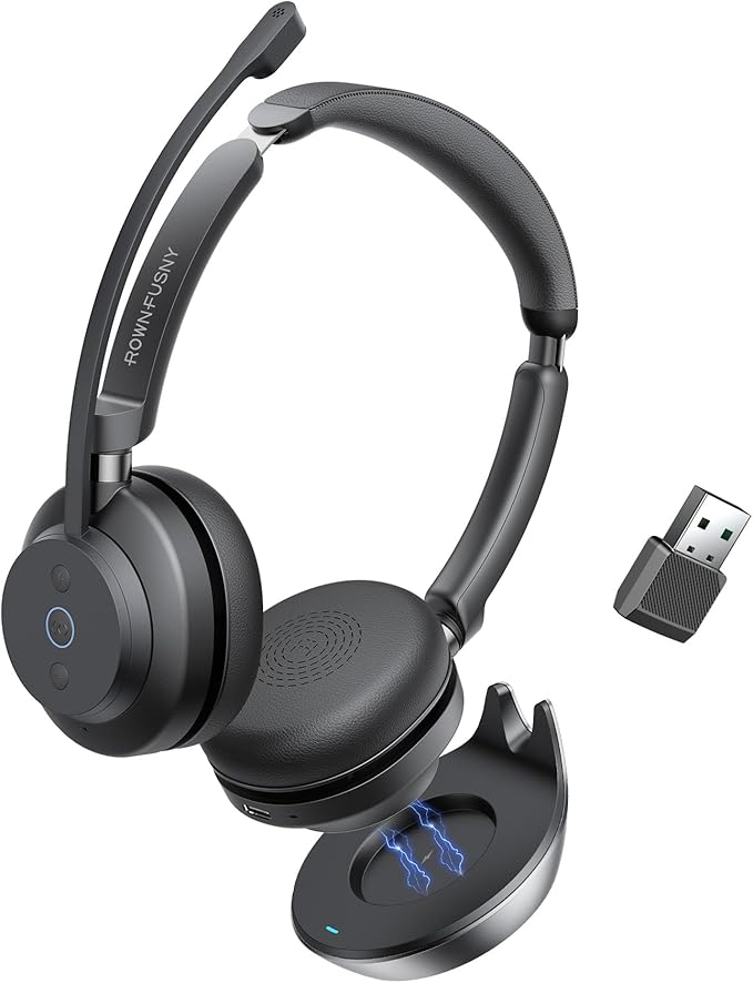 Wireless Bluetooth Headset with Mic for Work - Noise Cancelling Headphones,Over Ear Microphone with 2.4G USB Dongle Mute Button for PC/Laptop/Call Center/Home Office/Zoom/Teams Meeting