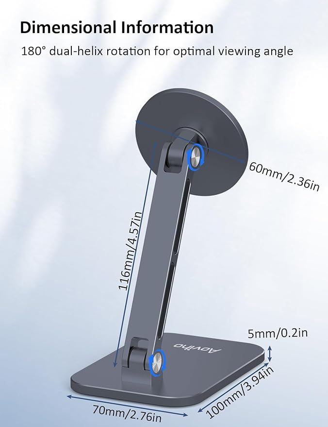 Aoviho Magnetic Phone Stand for MagSafe Adjustable - Aluminum Portable Phone Holder for Desk with 360° Rotating Head Compatible with iPhone 16/15/14/13/12 Pro Max and Magnetic Phone Case, Grey