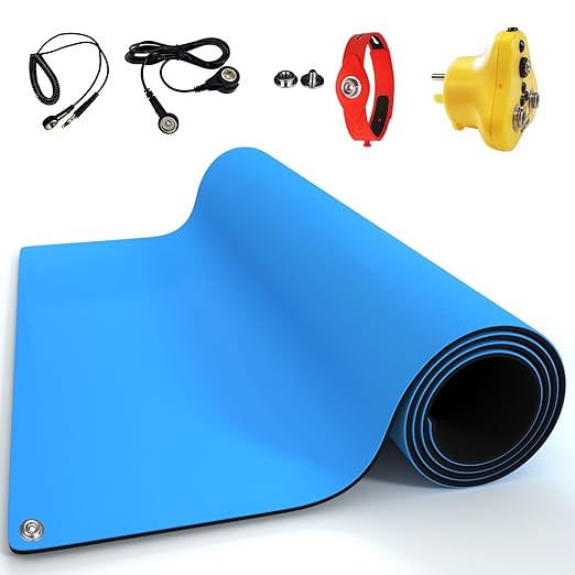 KooMall 24 x 16 Inch ESD Rubber Mat Kits, Anti Static Table Floor Pad for Electronic Device Repair Solder Assembly PC Building, W/H Grounding Kit- Antistatic Wrist Straps Bracelets Cord Plugs, Blue