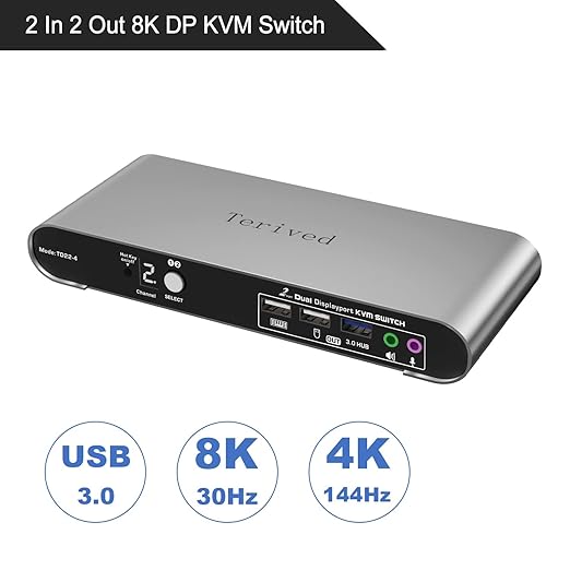 Terived 2 Port DP USB 3.0 Automatic KVM Switch Dual Monitor 4K@144Hz Two Computers Two DisplayPort Monitors switcher, 8K@30Hz, Aluminum hotkey Audio mic, Digital Display, HDR10 with Cables