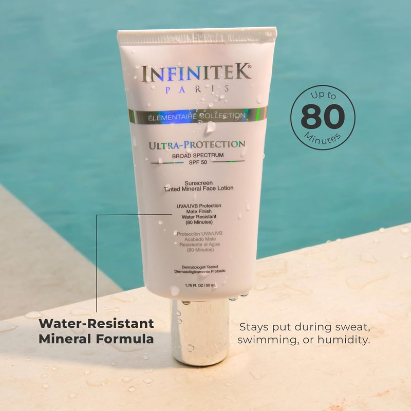 Infinitek Paris Tinted Mineral Sunscreen SPF 50 - Lightweight Daily Face Protection Against UVA/UVB & Blue Light | Water Resistant (80 Min) | 1.75 fl oz / 50 ml
