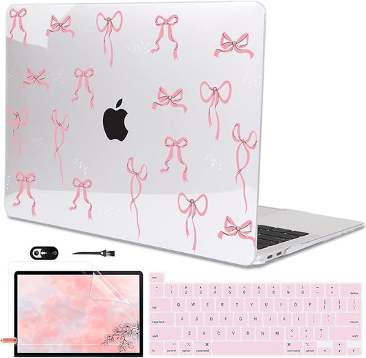 LCMOCICO for MacBook Pro 13 Inch Case 2022 M2 2020 2021 A2338 M1 A2251 A2289 with Touch Bar & Touch ID, Pattern Plastic Hard Case Keyboard Cover Screen Protector Webcam Cover Brush, Pink Bowknot