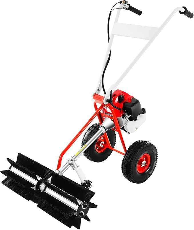 43CC Gas Powered Walk-Behind Outdoor Push Sweeper, 1.7HP 2 Stroke Hand Held Sweeper Snow Sweeping Broom, Driveway Turf Lawns Cleaning Tools with 23.6in Sweeping Width for Leaves Dirt Gravel