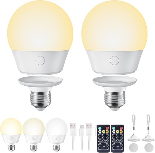 Brightown E26 Rechargeable Light Bulb - Remote Timer & 3 Color Temperatures | Battery Backup for Sconces & Lamps, 700LM