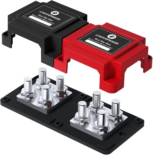 AMOMD Heavy Duty 400A 12-48V Tin-Plated Copper Block Bus Bar 8xM10(3/8") Studs Independent Modular Positive Negative Ground Battery Junction Block Buss Bar for Solar System Marine Truck Boat