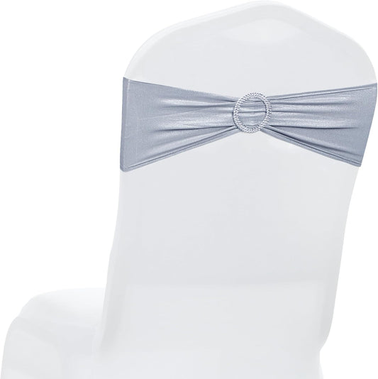 MDS Spandex Foil Chair Sashes - Universal Fit Elastic Stretch Bands with Buckle for Weddings | Metallic Silver, Pack of 150