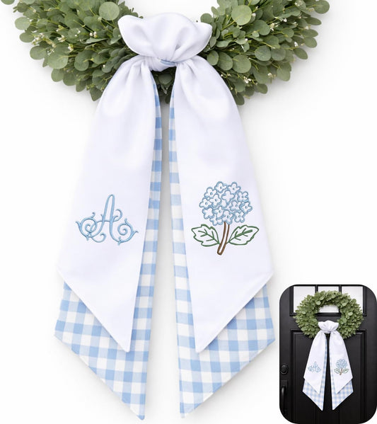 Regine Switzerland Monogram Wreath Sash Bow - Adjustable Farmhouse Door Decor | Hydrangea Design