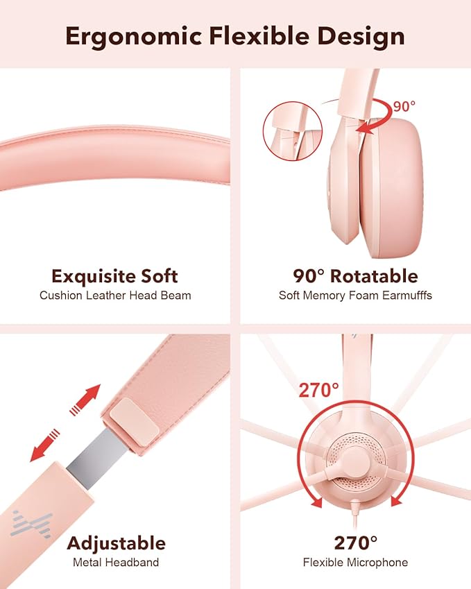 JIAMQISHI USB Headset with Microphone for PC, On-Ear Computer Laptop Headphones with Noise Cancelling Mic in-line Control for Home Office Online Class Zoom (USB+3.5mm, Pink)