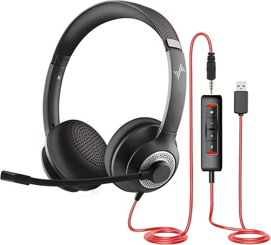 JIAMQISHI USB Headset with Microphone for PC, On-Ear Computer Laptop Headphones with Noise Cancelling Microphone in-line Control for Home Office Online Class Skype Zoom (USB+3.5mm, Black)