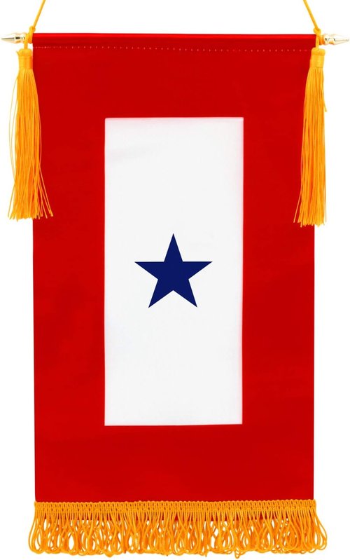ANLEY Military Service Banner - Blue Star American Family Member Flag - 15" X 8" Fringed Design with Wooden Pole & Golden Tassels