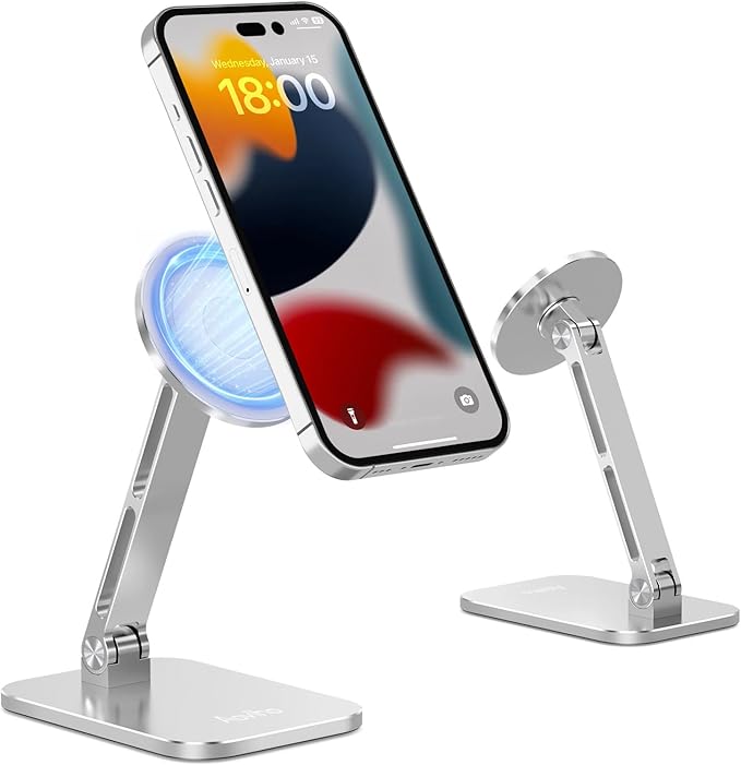 Aoviho Magnetic Phone Stand for MagSafe Adjustable - Aluminum Portable Phone Holder for Desk with 360° Rotating Head Compatible with iPhone 17/16/15/14/13/12 Pro Max and Magnetic Phone Case, Silver