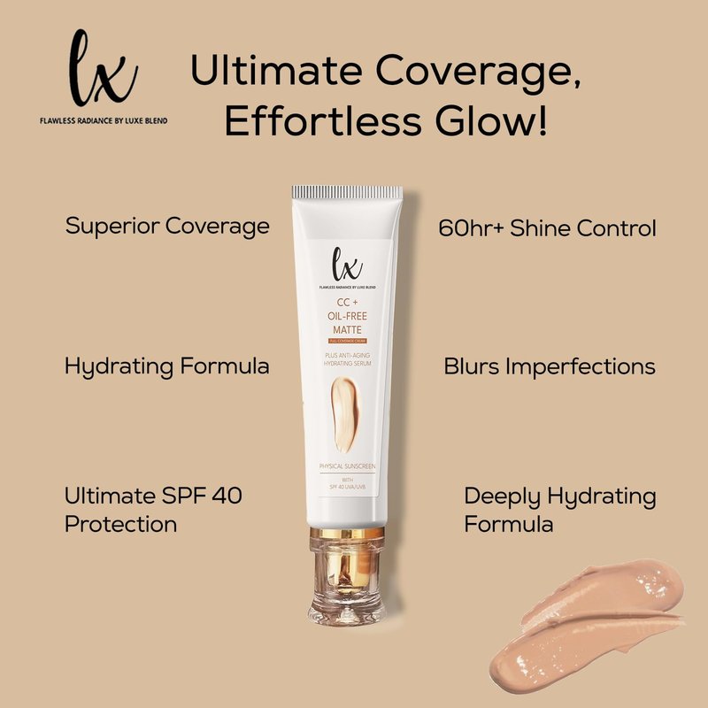 Lx Blend CC+ Cream | Oil-Free Matte Foundation with SPF 40 | Full Coverage, Anti-Aging, Long-Wear Hydrating Makeup for Oily Skin | Fragrance-Free, Shine Control, 1.08 FL OZ