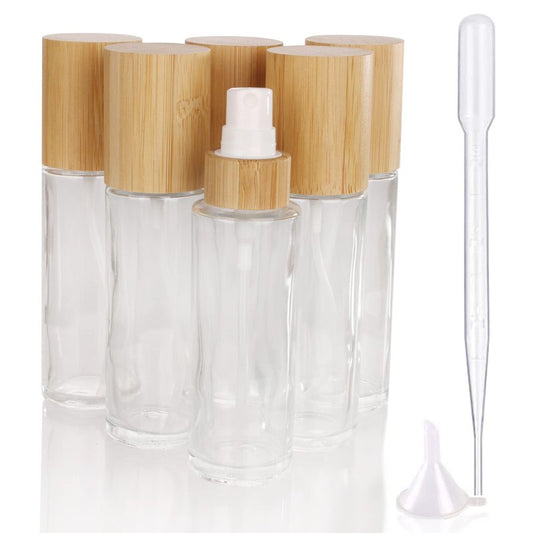 COSIDEA 6 pcs Empty 2oz /60ml bamboo lid clear glass spray bottle with fine mist despenser head for liquid perfume toiletries containers, toner bottles