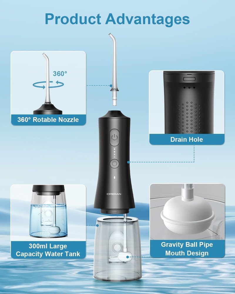 OPERAN Water Flossers for Teeth, Cordless Portable Water Flossers for Adults Braces, IPX7 Waterproof with 4 Modes, 4 Professional Nozzles, 300ml Tank & 21 Days Runtime for Travel, Black, 1Pack