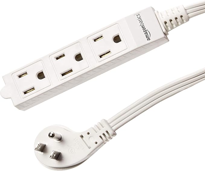 Amazon Basics 3-Prong Indoor Rectangle Extension Cord Power Strip, Flat Plug, Space-Saving, Grounded, 13 Amps, 1625 Watts, 125 VAC, 6 ft, White, 2-Pack