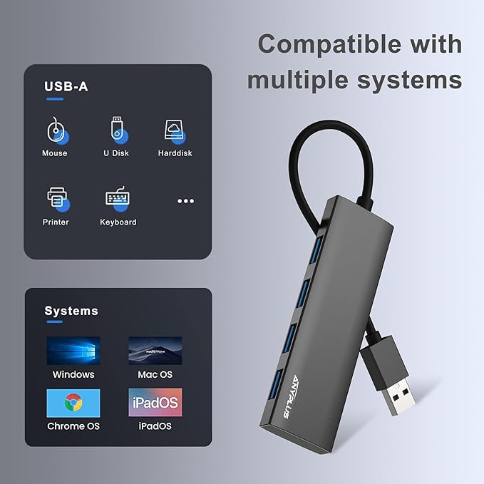 ANYPLUS USB Hub, USB 3.0 Hub Aluminum Alloy Ultra Slim USB Splitter, Portable 4 Port USB Extender, USB Hub for Laptop, PC, MacBook, iMac, Surface Pro, Mac Pro, Flash Drive, XPS 【Black】