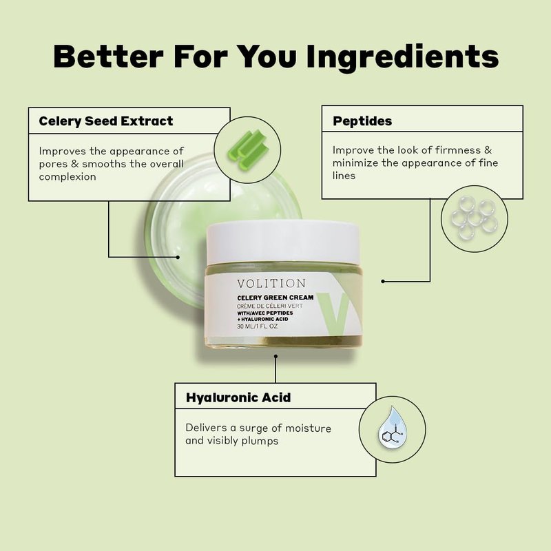 Volition Beauty Celery Green Cream with Hyaluronic Acid + Peptides - Purifies, Minimizes Pores and Controls Oil - 1oz