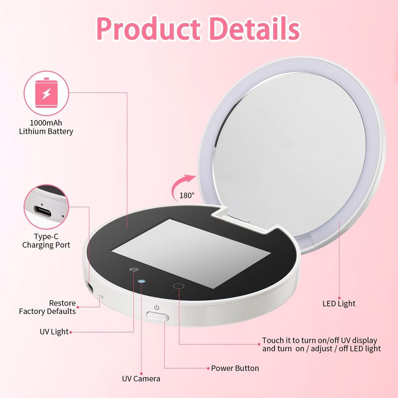 DESCHEN UV Camera Mirror for Sunscreen Test, 2X Makeup Mirror with Lights and Magnification, Rechargeable 3.8 Inch Portable Pocket Mirror for Skin Protection