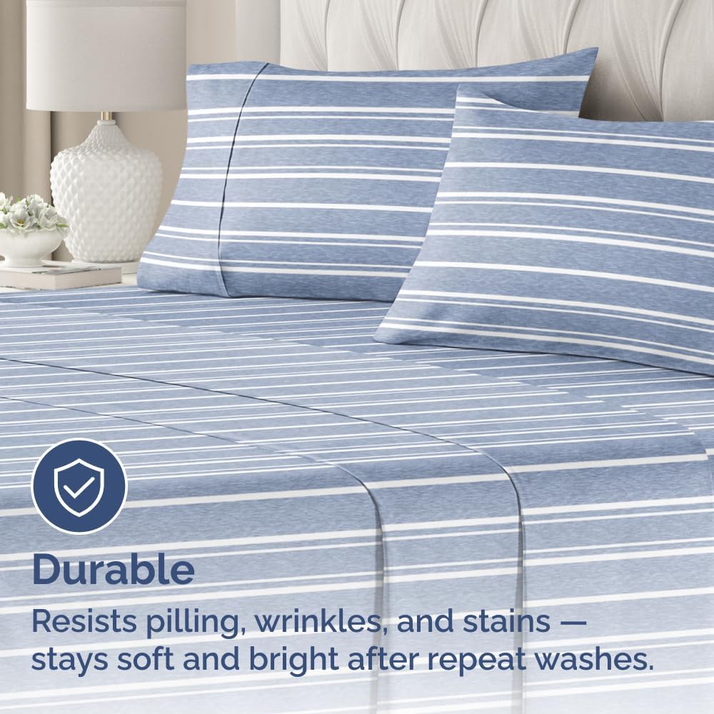 Standard Pillow Cases Set of 4 | Soft Hotel Quality Covers - Comfy & Cozy Blue Stripes - Machine Washable