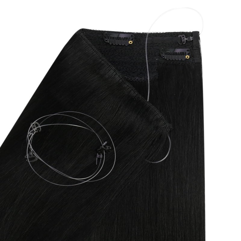 Ugeat Wire Hair Extensions Jet Black, Invisible Wire Hair Extensions Real Human Hair Jet Black, Natural Looking for Women Thin Hair Short Length 12 Inch 70g