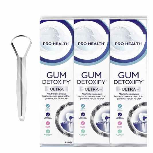 Pro-Health Gum Detoxify Ultra Toothpaste with Gentle Whitening 4.7 oz (Pack of 3) Gum and Enamel Protection Bundle with Stainless Steel Tongue Cleaner Pro