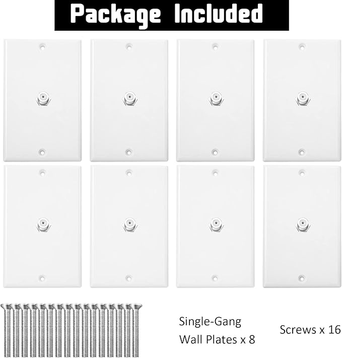 Weewooday 8 Pcs 1-Port TV Cable Wall Plate with F Connector Coax Wall Plate Video Jack Single Gang (White)