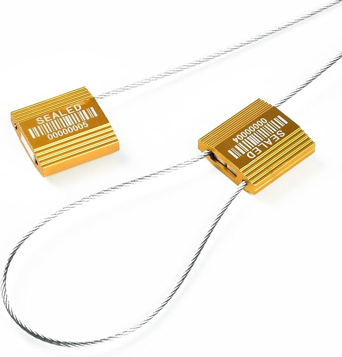 LeadSeals 50 Yellow High Security Cable Seals with Barcode Pull Tight Numbered Steel Security Seals Metal Container Seals Anti-Tamper Shipping Self-Locking Tags for Logisitics ISO 17712 Certificated