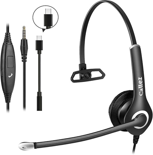 Callez Wired Computer Headset, 3.5mm/USB-C Headset with Mic Noise Cancelling, Cell Phone Headphone for PC Laptop Mac iPhone 15/16/17 Samsung Zoom Teams Call Center Home Office Work, in-line Controls
