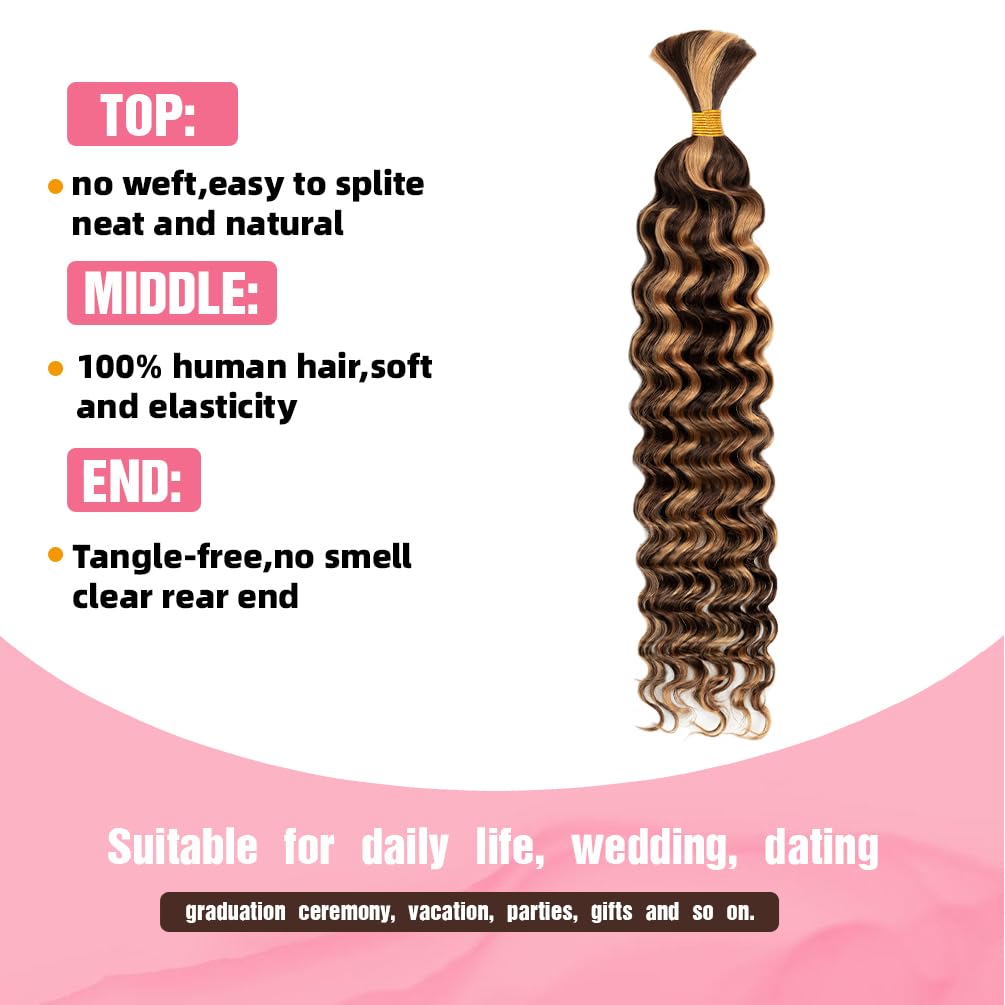 "Human Braiding Hair, 1 Bundle 50g 18 Inch Boho Braids Human Hair 13A Deep Wave Bulk Brazilian Virgin No Weft Wavy Hair Extension for Boho Knotless Balayage Brown to Blonde"
