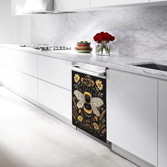 Flower and Bee Wallpaper Dishwasher Magnet Cover Sticekr - Kitchen Decorative Fridge Panel Decal - Kitchen Appliances Decorate Sticker - 23W x 26H inchs